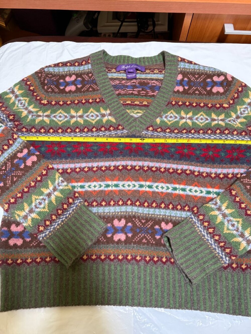 Lauren Ralph Lauren Purple Label Intarsia Knit Cashmere V Neck Sweater Fair Isle - Picture 9 of 11